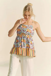 Davi & Dani Floral Smocked Sleeveless Ruffle Back Tie Top SAGE OutfitFlow